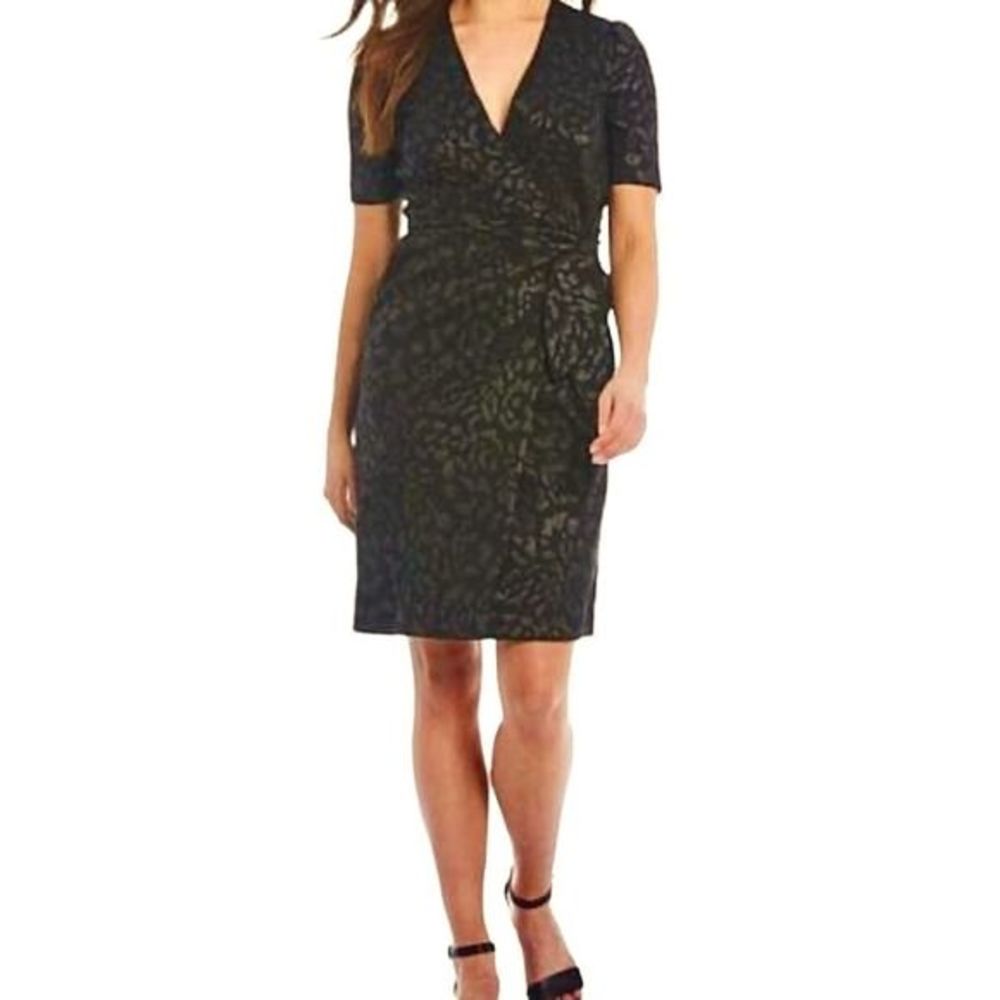 NWT Alex Marie Margot Leopard Shimmer Jacquard Short Sleeve Sheath Wrap Dress